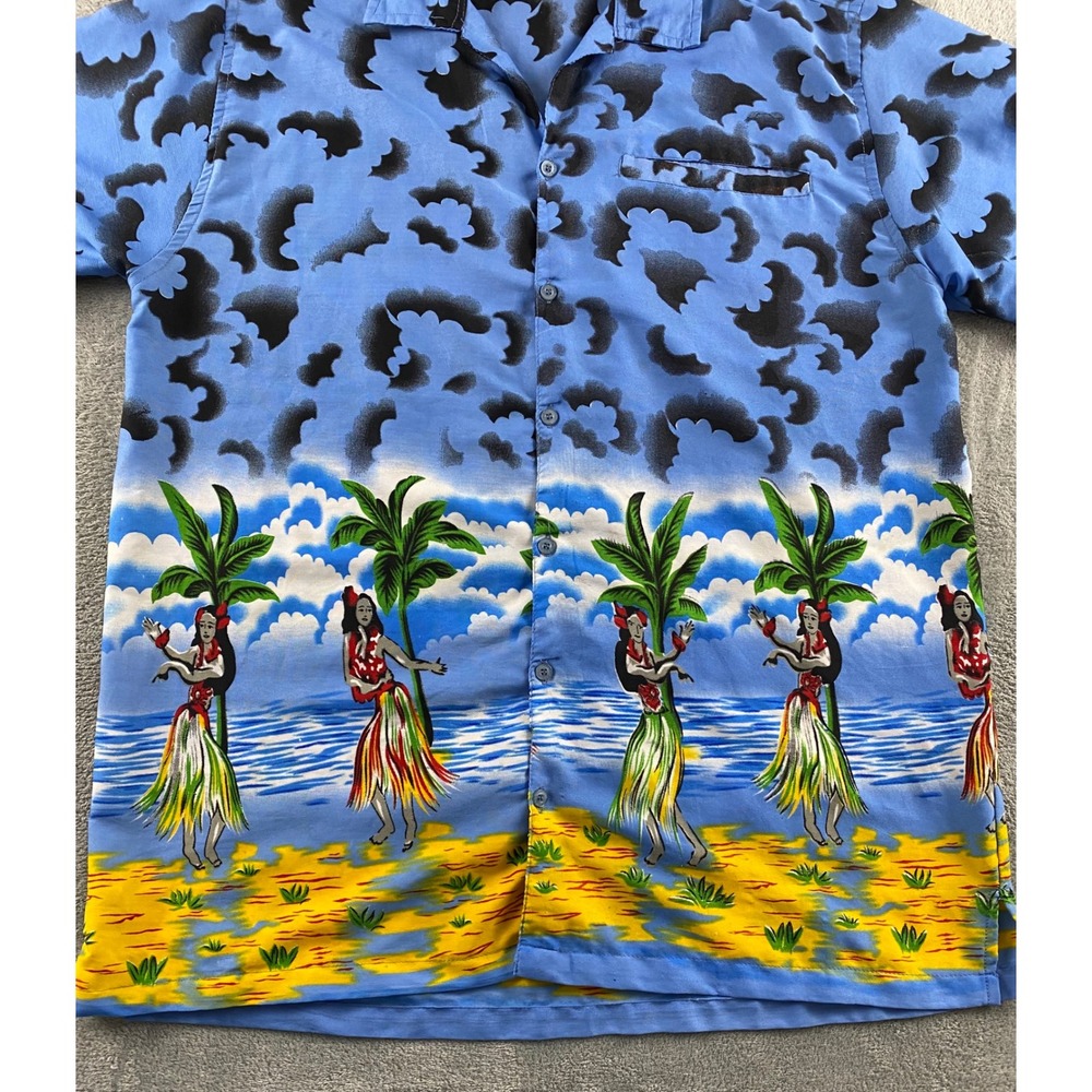 Pacific & Co Mens Blue Hula Dancer Hawaiian Camp Shirt Short Sleeve Size M - Picture 3 of 10